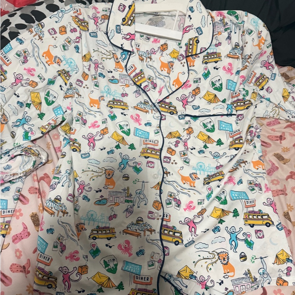 Roller Rabbit White Pajama Top with Multicolor Adventure Print